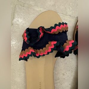 Loeffler Randall blue suede slides with hot pink, tan, and dark green trim.